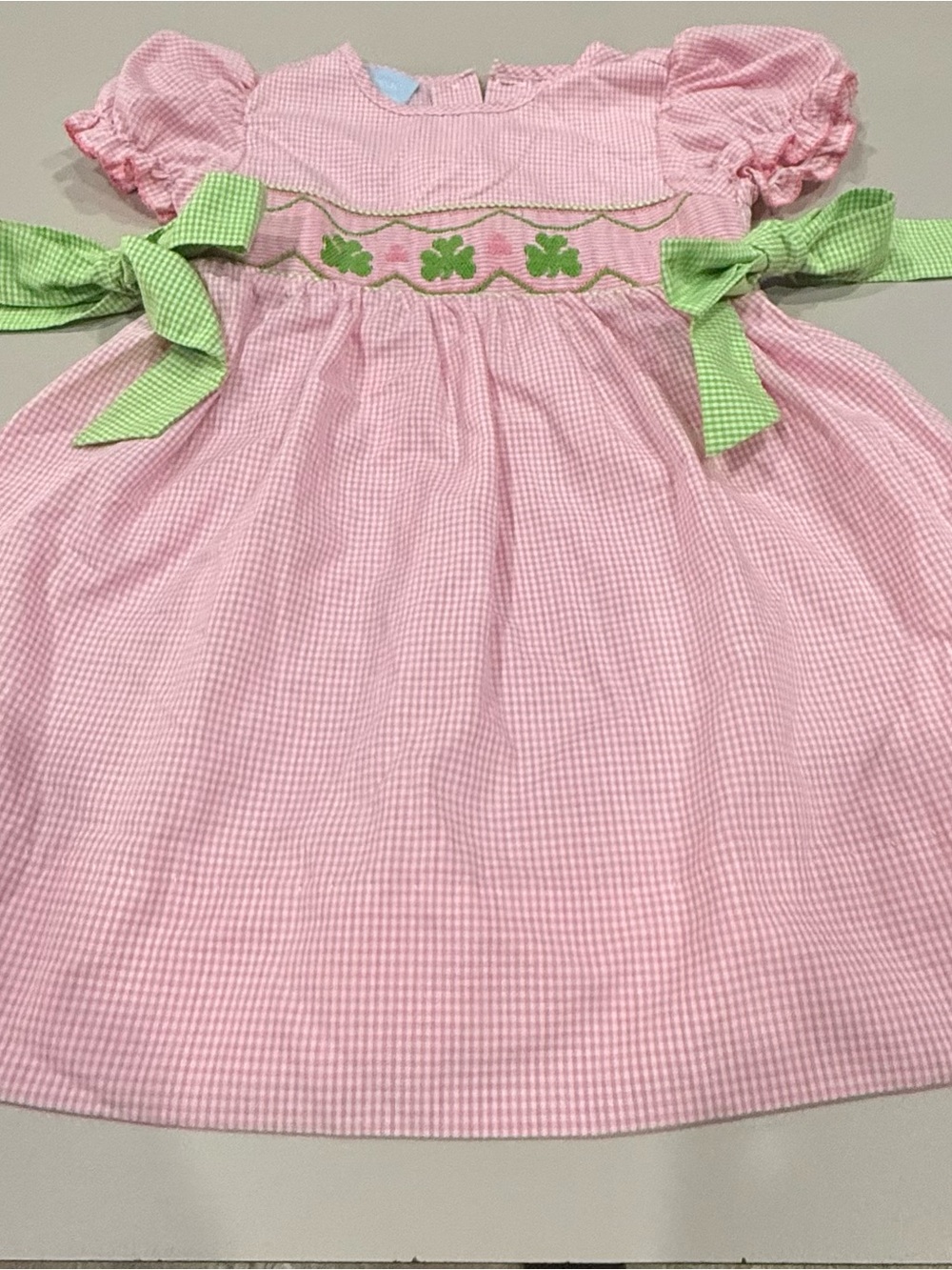 Classic Whimsy Pink Gingham Dress with Green Shamrock Smocking Size 2T Like New!
